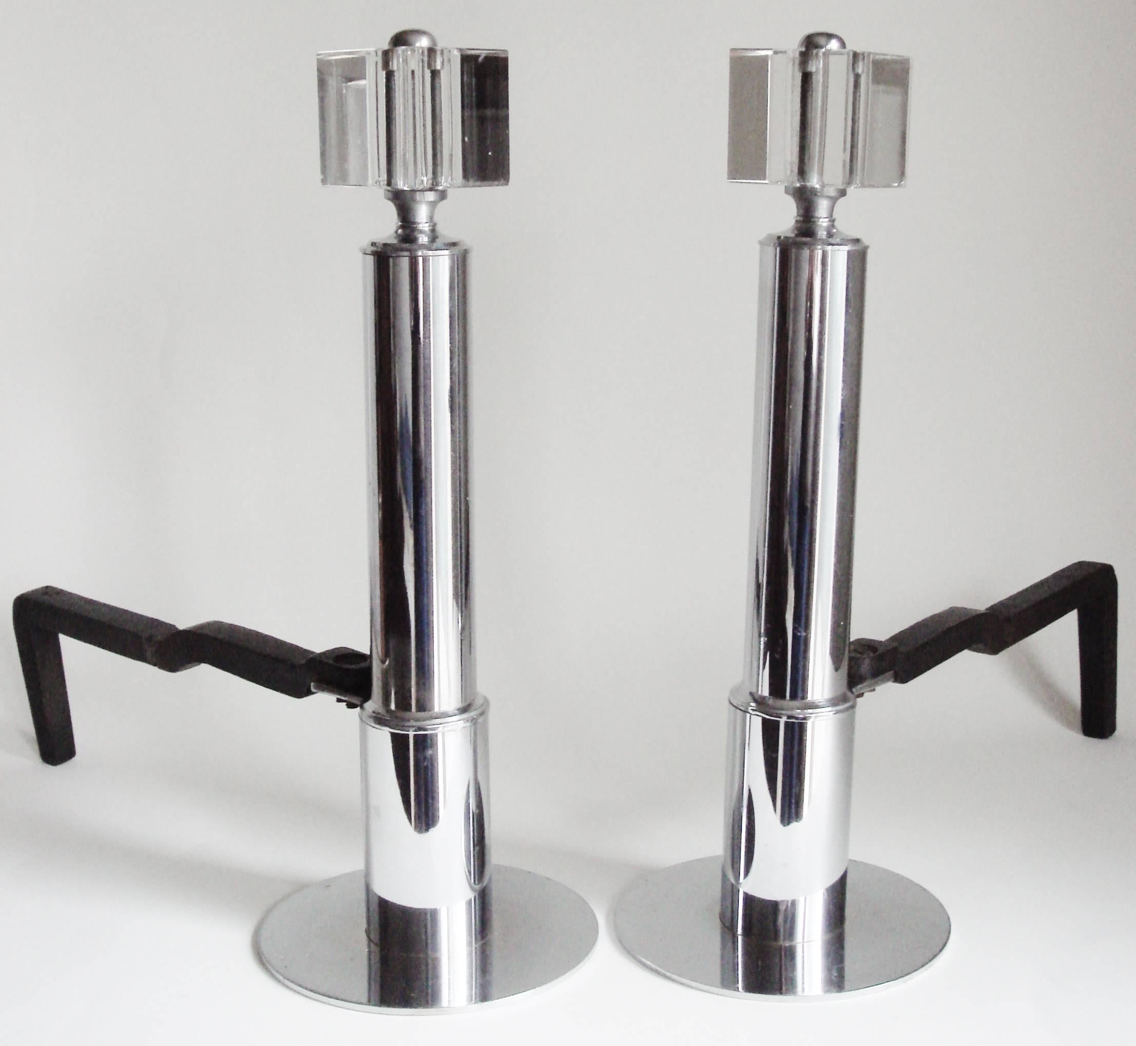 Pair of American Art Deco Chrome, Glass and Forged Iron Geometric Andirons 3