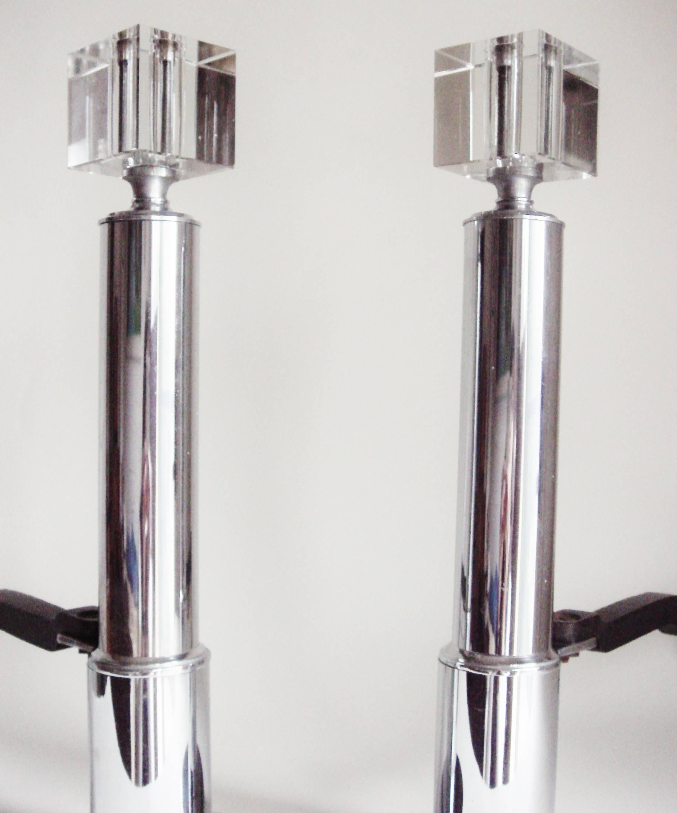 Pair of American Art Deco Chrome, Glass and Forged Iron Geometric Andirons 1