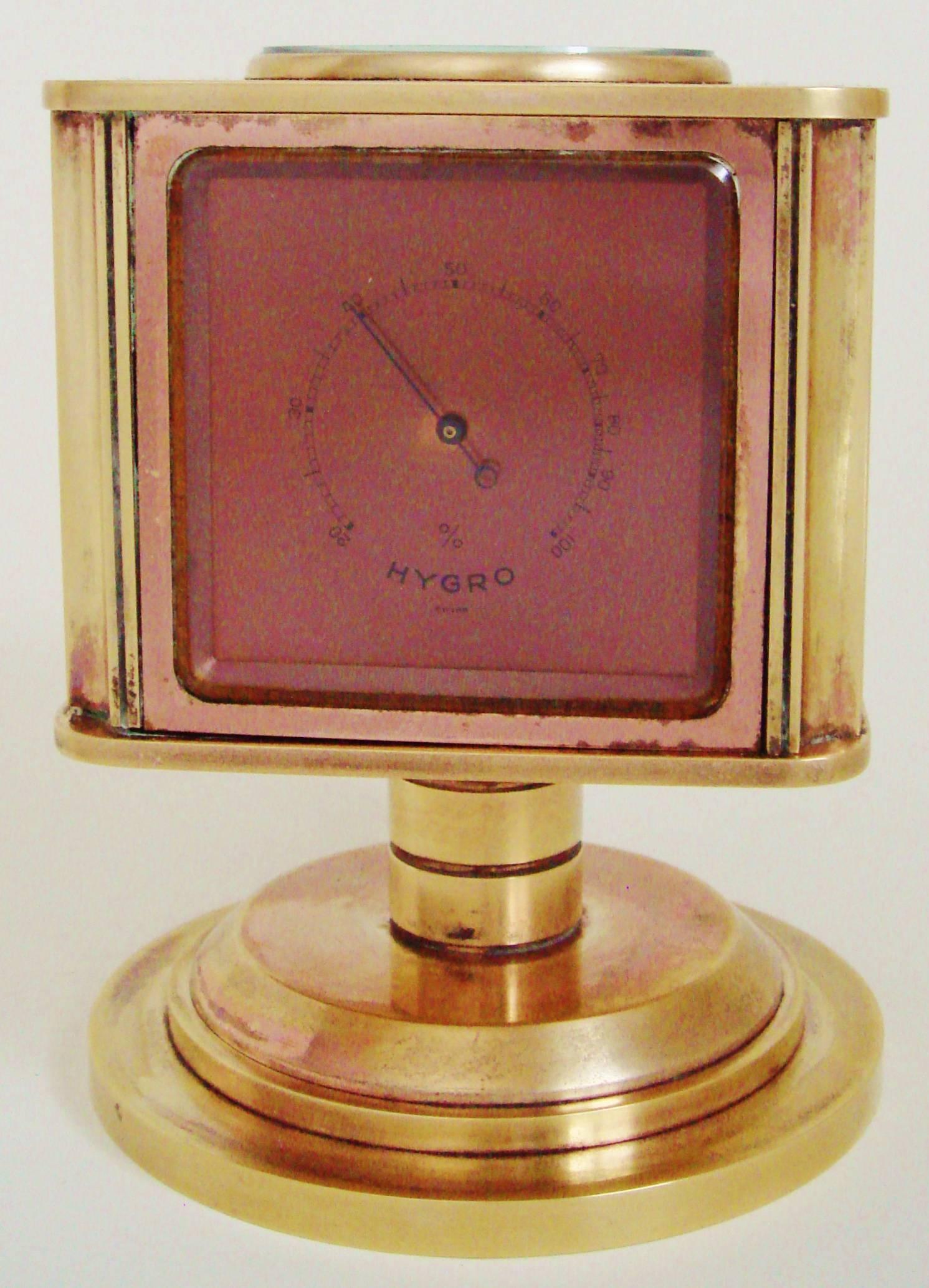 Gilt Rare Swiss Art Deco Rose Gilded Brass Angelus Meteo Desk Clock/Weather Station