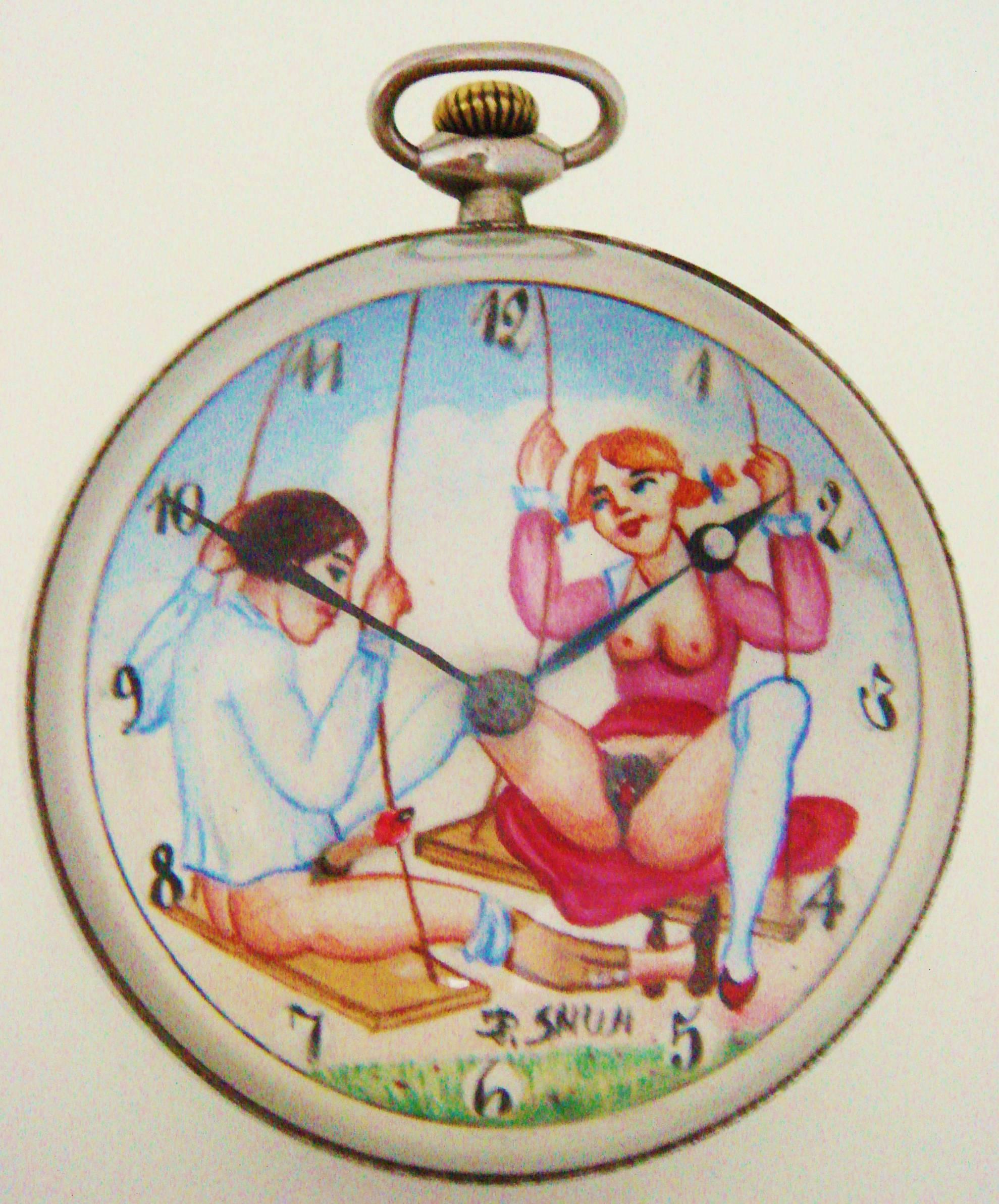 This amusing Swiss 1930s erotic glass ball/paperweight features a male and female on swings. The lady has her dress hiked up with her legs spread while her companion's member moves in time with the seconds as they tick by. The clock is constructed