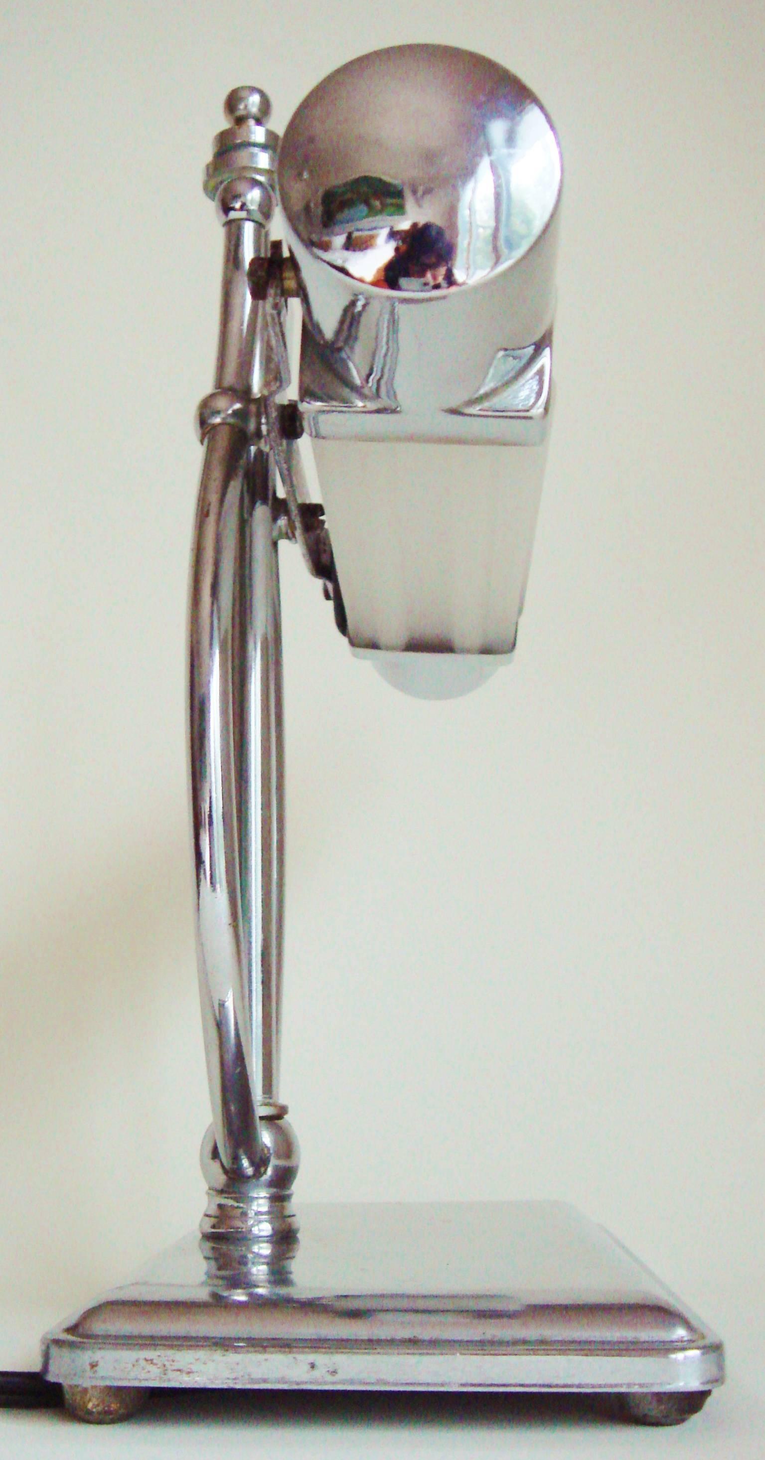 American Art Deco Chrome and Frosted Glass Lyre Shaped Piano Lamp by Markel For Sale 1
