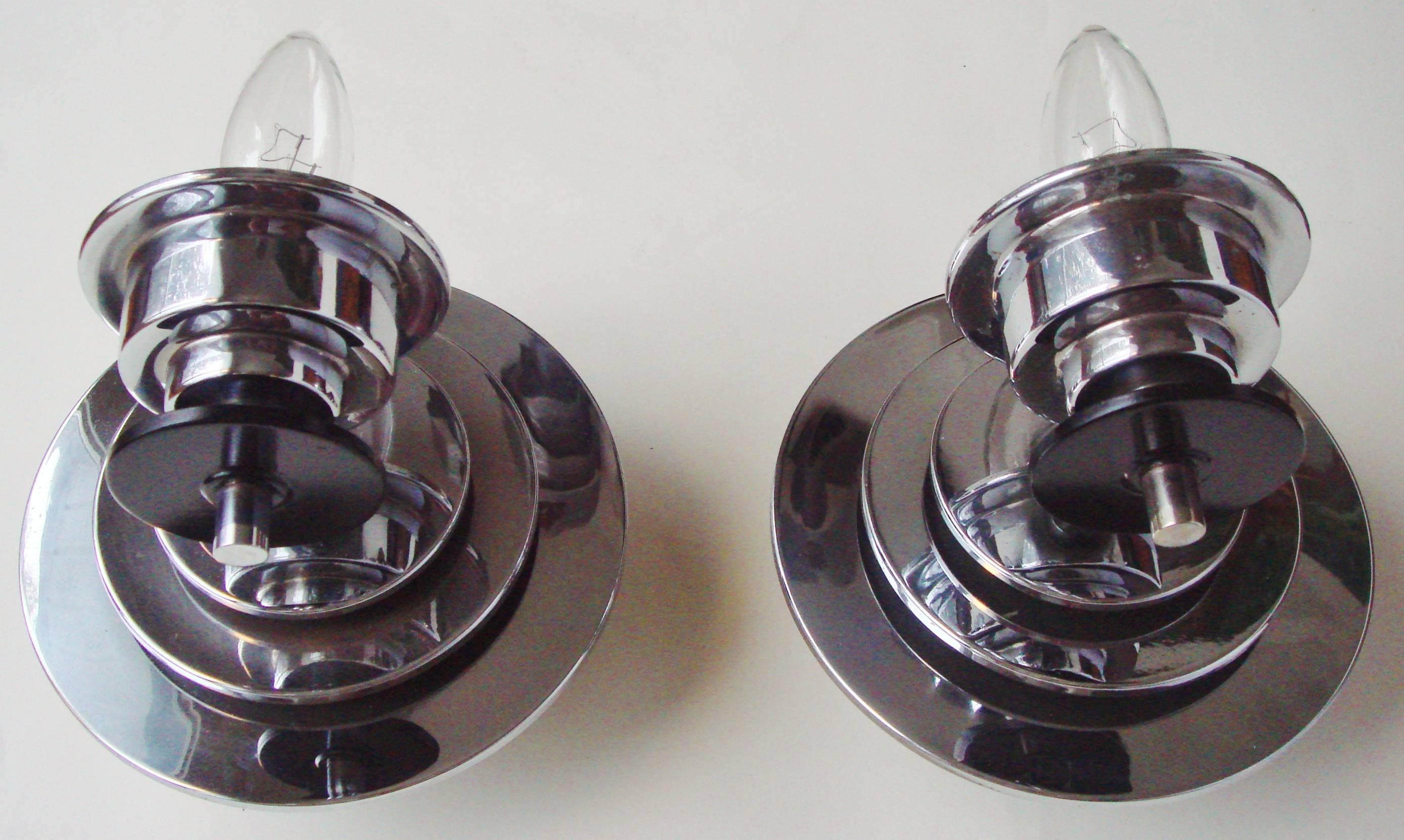Late 20th Century Pair of American Art Deco Revival Chrome and Black Candle-Form Wall Sconces