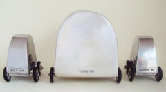 English 1960s Polished Aluminium Cruet and Toast Rack Three-Piece Set on Wheels