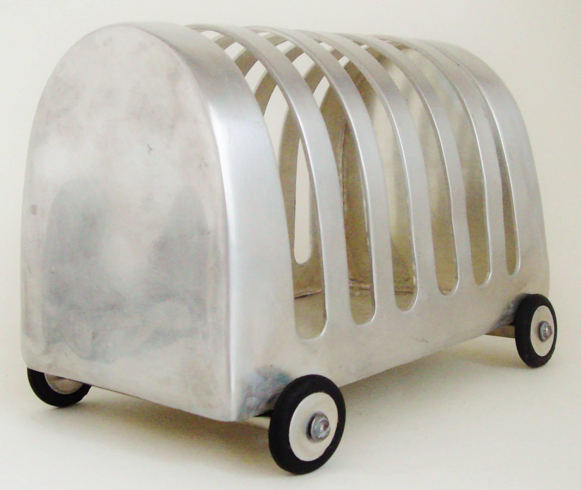 Mid-Century Modern English 1960s Polished Aluminium Cruet and Toast Rack Three-Piece Set on Wheels