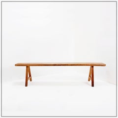 Rustic solid wood farmhouse bench with trestle legs - 1960s
