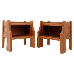 Pair of Brutalist solid oak bedside tables by De Puydt - 1970s