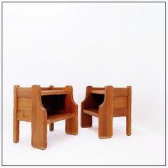 Pair of Brutalist solid oak bedside tables by De Puydt - 1970s