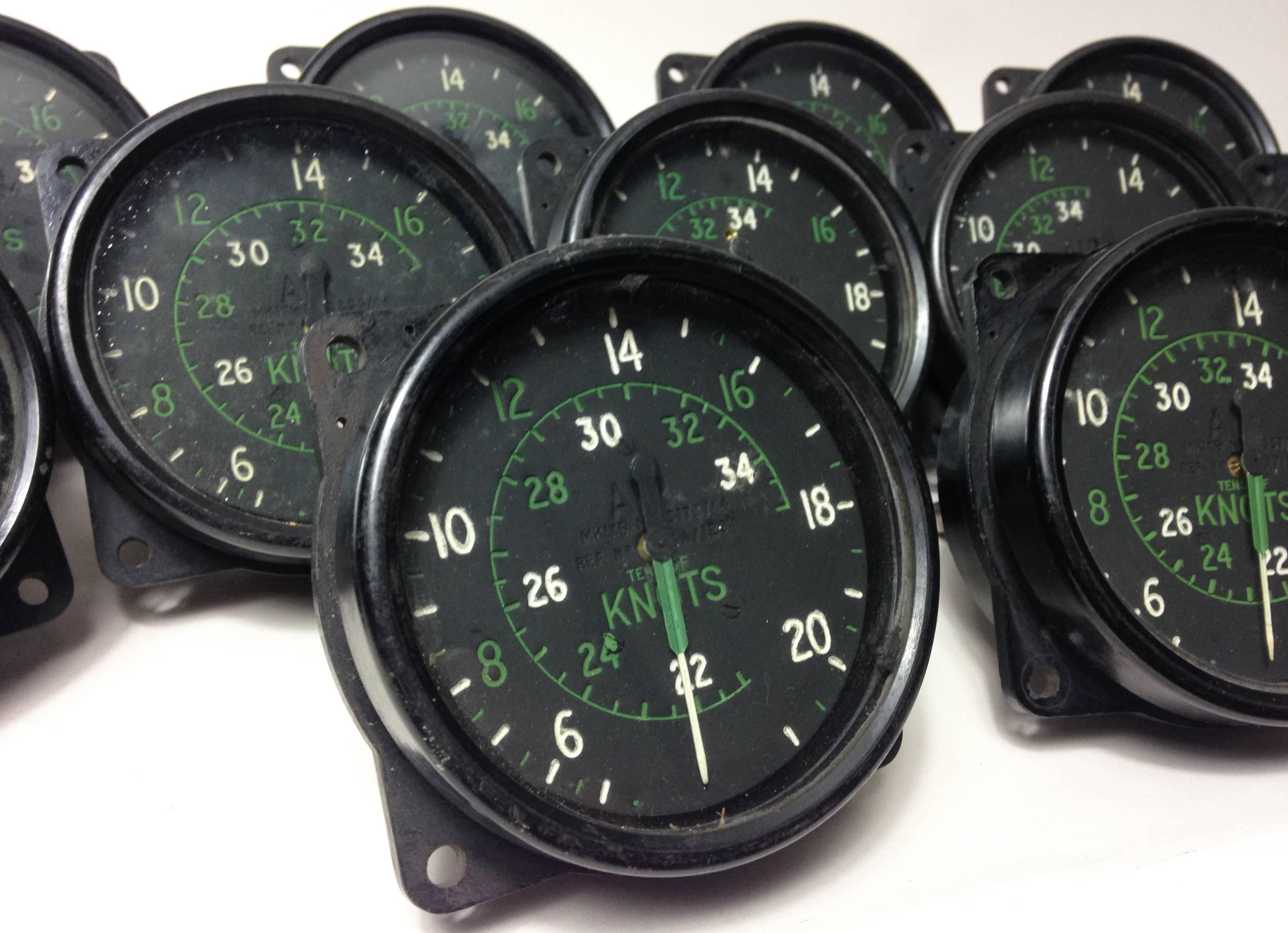 A group of 11 Air Ministry airspeed indicators as used in the iconic Lancaster bomber of the Royal Air Force.

Sizes stated are for a single dial.