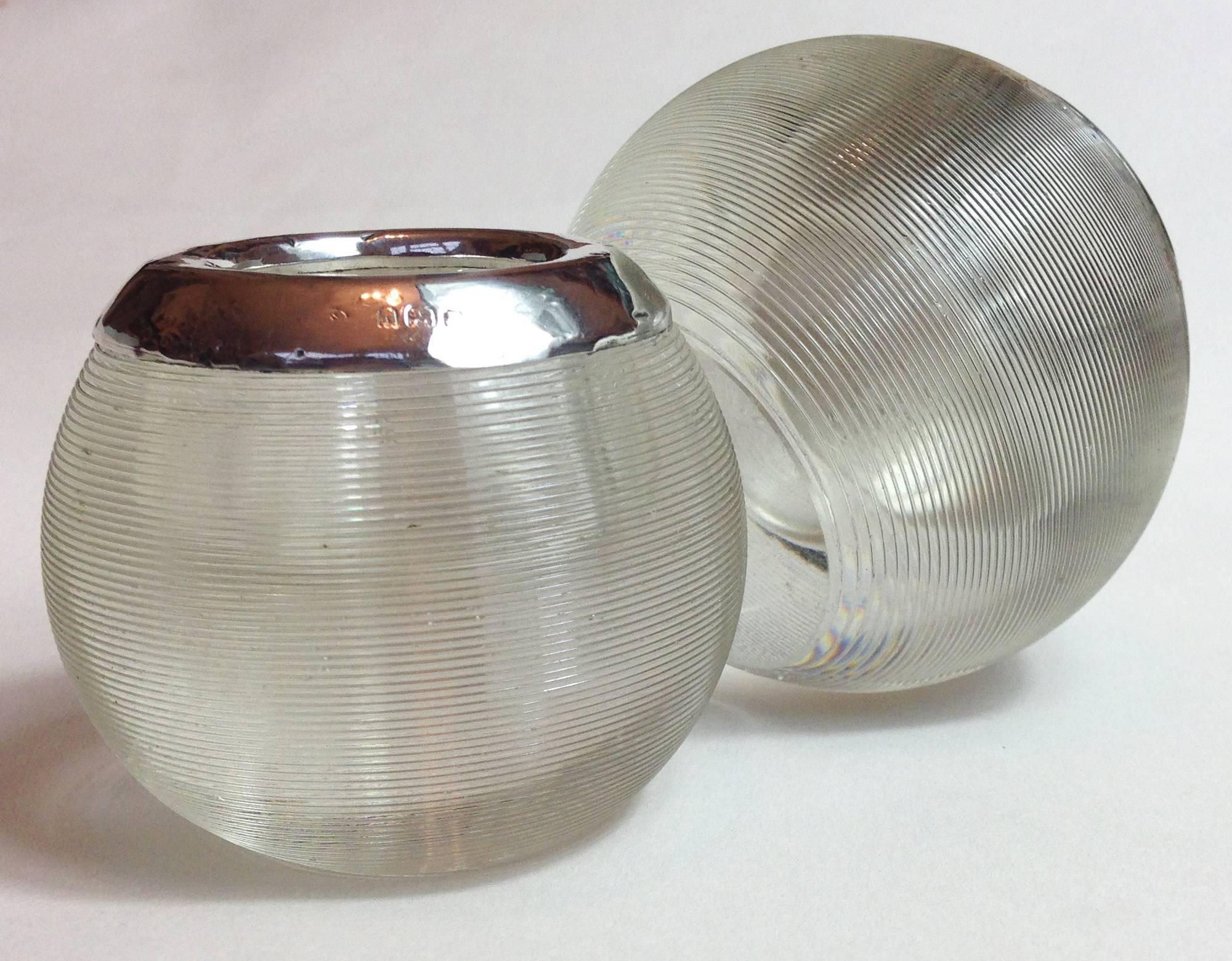 English Two Edwardian Threaded Glass Match Strikers with Silver Collars For Sale