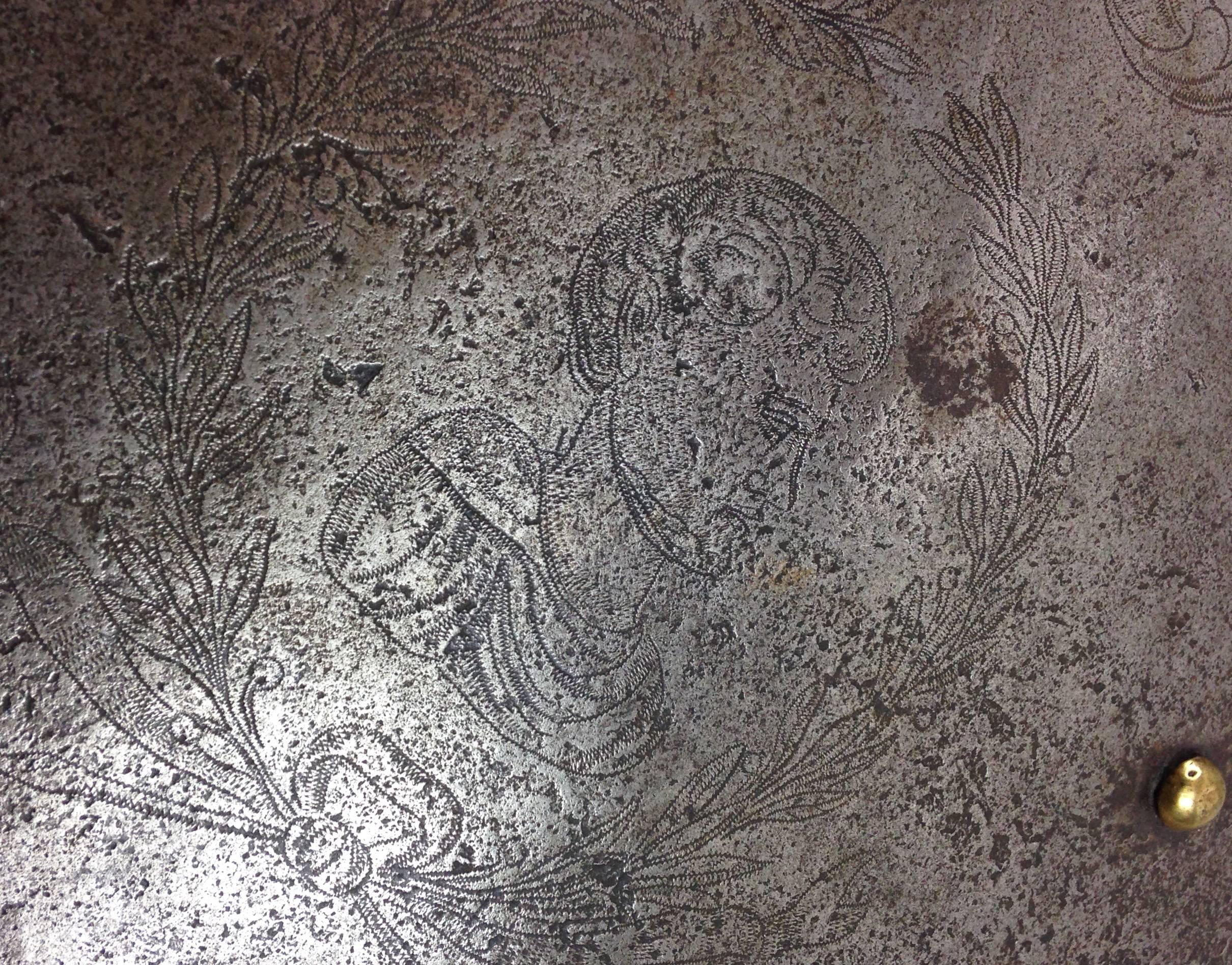 Etched Large Engraved 17th Century European Shield For Sale