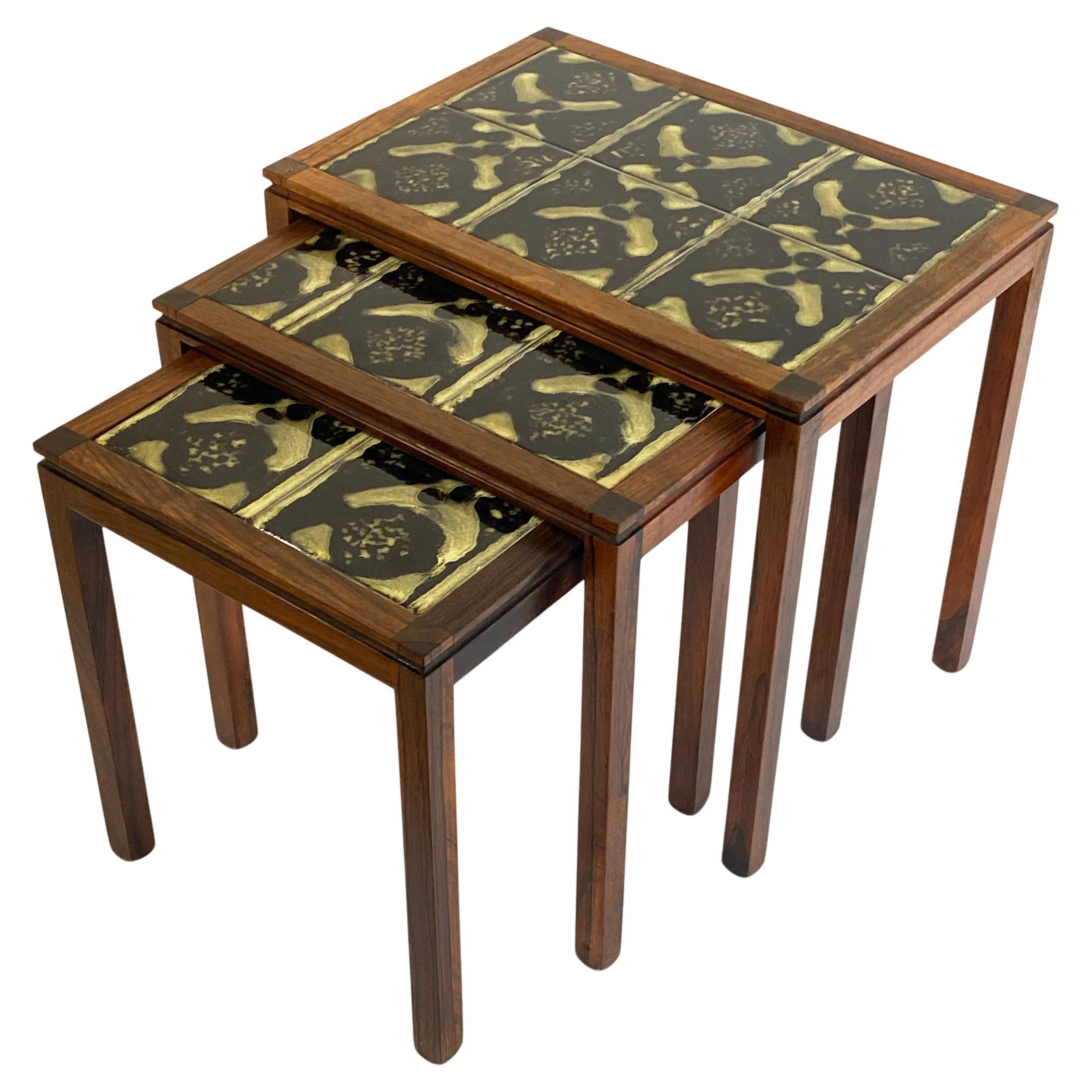 1960s Rosewood and Ceramic Tile Danish Nesting Tables--Set of Three For Sale