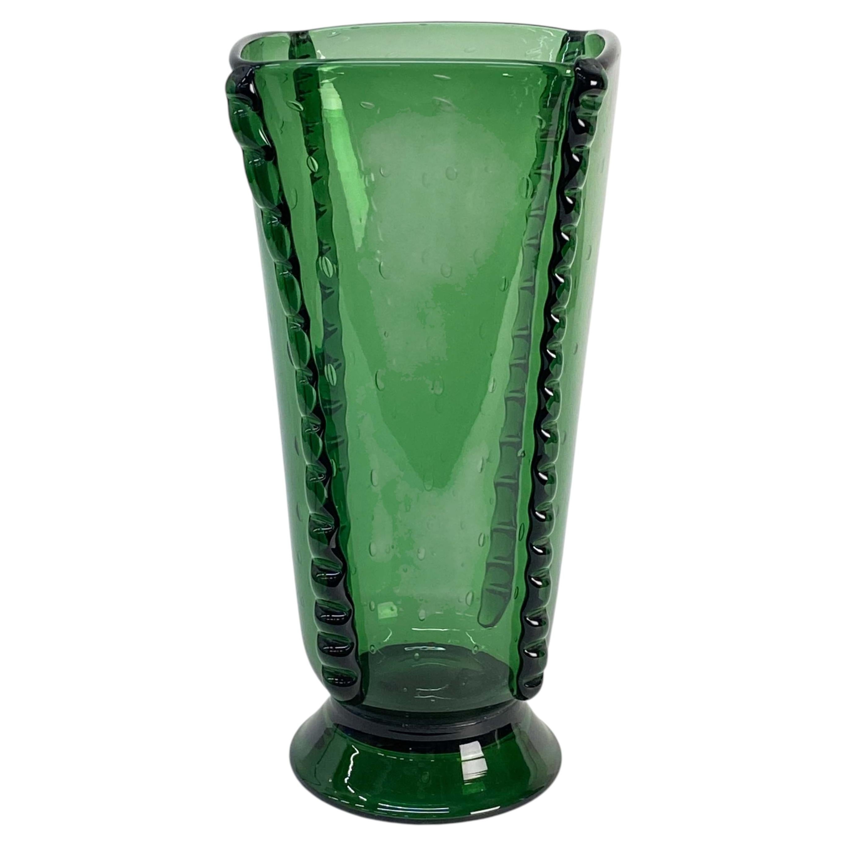 Italian Empoli Emerald Green 14" Glass Vase with Applied Ribbed Decorationc