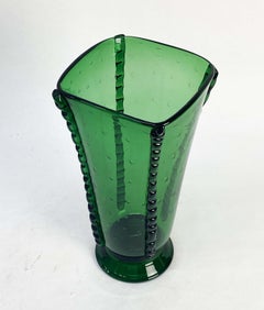 Vase en verre italien « Empoli » vert émeraude, 14 pouces, avec décor nervuré en relief