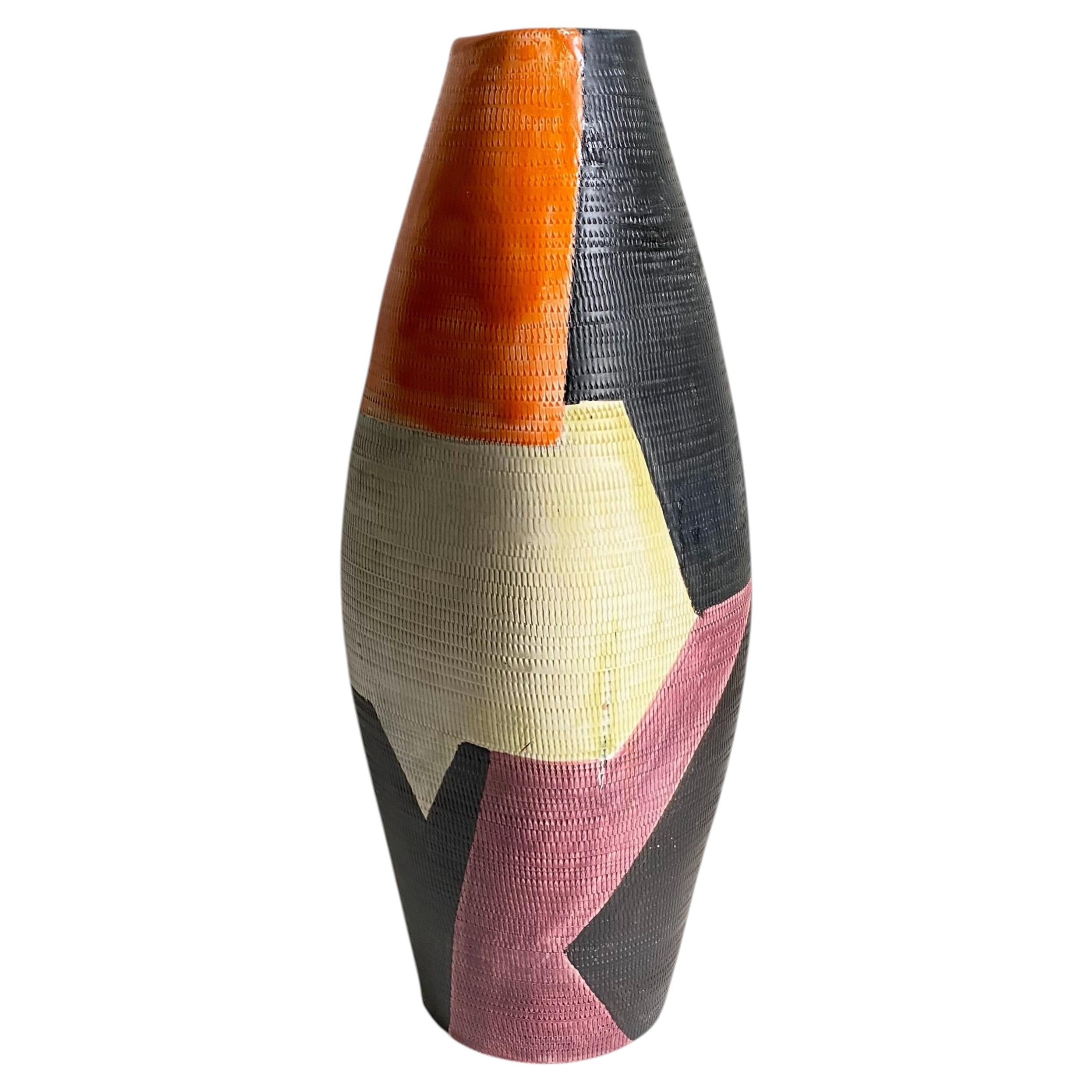 18" Aldo Londi for Bitossi Italian Geometric Ceramic Vase, Raymor Label, 1960s For Sale