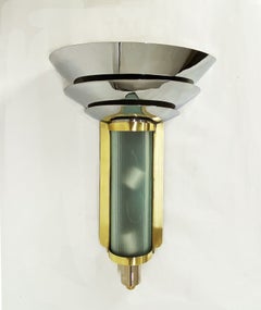 1930s Art Deco Machine Age Brass, Chrome and Ribbed Glass Wall Sconce