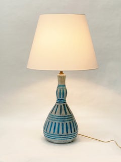 Signed Guido Gambone Italian Ceramic Table Lamp in Blue and Gray Glaze