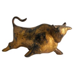Mid-Century Modern Metal Bull Sculpture--Gold-Toned Finish, Possibly Japanese