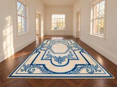 Alfombra palaciega de lana azul y marfil de Edward Fields, estilo neoclásico, de alrededor de la década de 1970