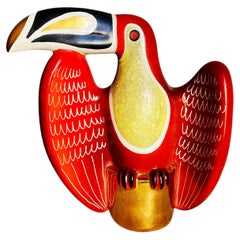 Waylande Gregory Art Deco Ceramic Toucan Sculpture in Red and Gold, circa 1940s