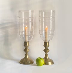 Pair of Brass Hurricane Candleholders with Banded Glass Shades, circa 1950s