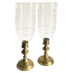 Pair of Brass Hurricane Candleholders with Banded Glass Shades, circa 1950s