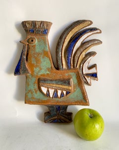 Targa da parete in ceramica smaltata con gallo, "Les Argonautes", Vallauris, anni '60 circa