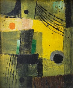 Forrest Hibbits Abstract Painting in Yellow, Olive and Black, Acrylic on Board