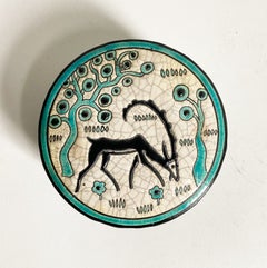 Scatolina in ceramica francese Primavera Longwy con motivo a cervo, turchese e nero