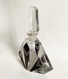Art Deco Cut Crystal Decanter with Black Enamel Geometric Decoration, c. 1930
