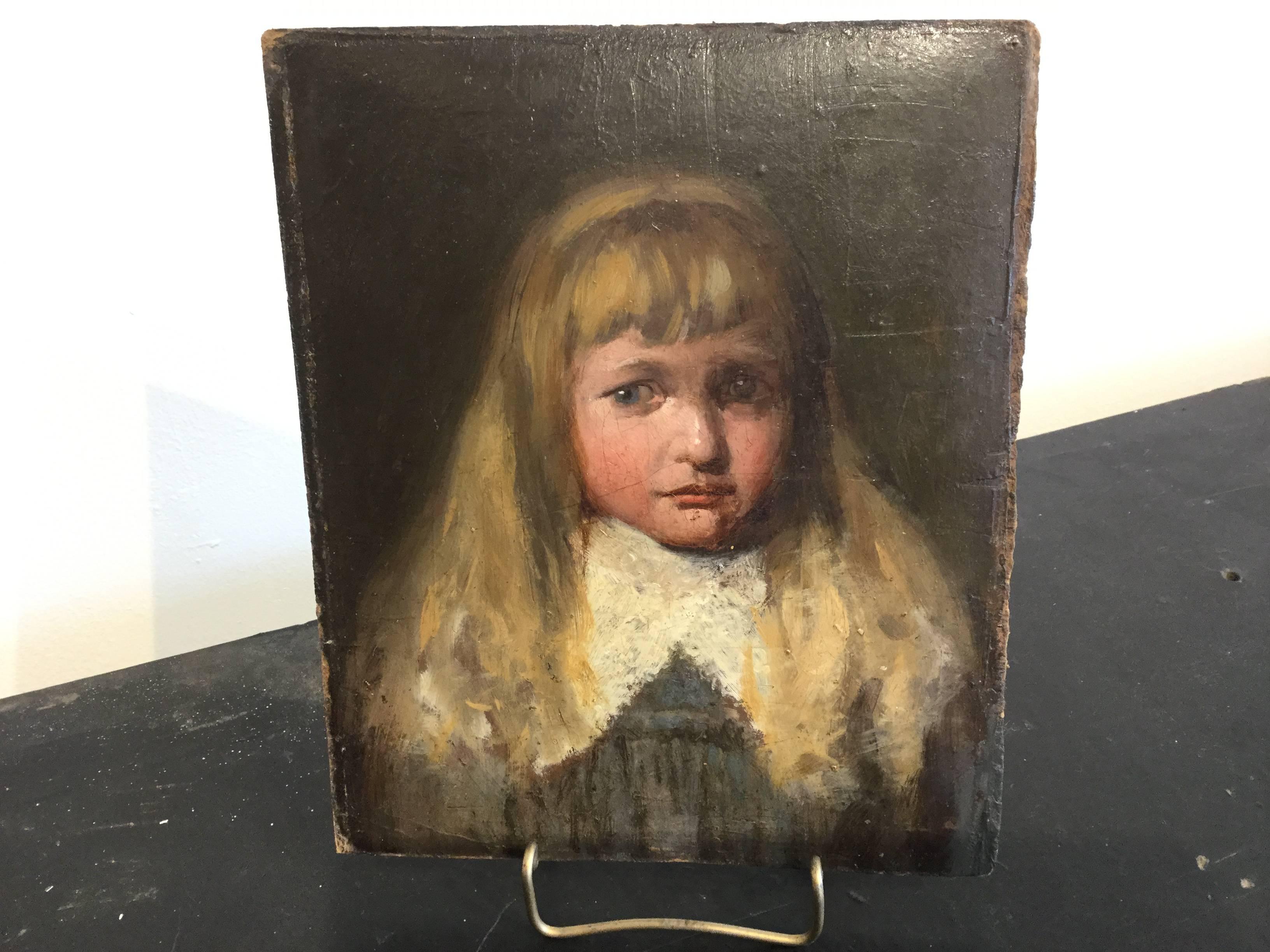 19th century child portrait oil painting on board. Emotional expression. She may have been unhappy about having to sit for her portrait.