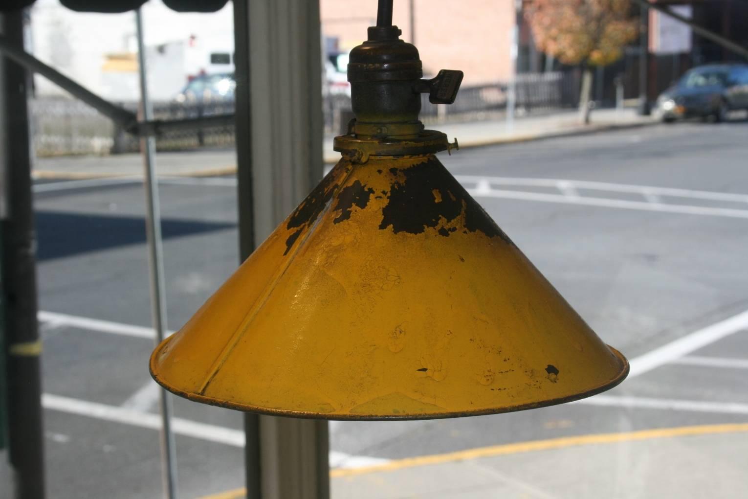 Red blue yellow Industrial pendant shades. Original paint is awesome. Sockets are original. Sold as a set only. All lights are rewired come with Edison bulbs and are ready to plug in.