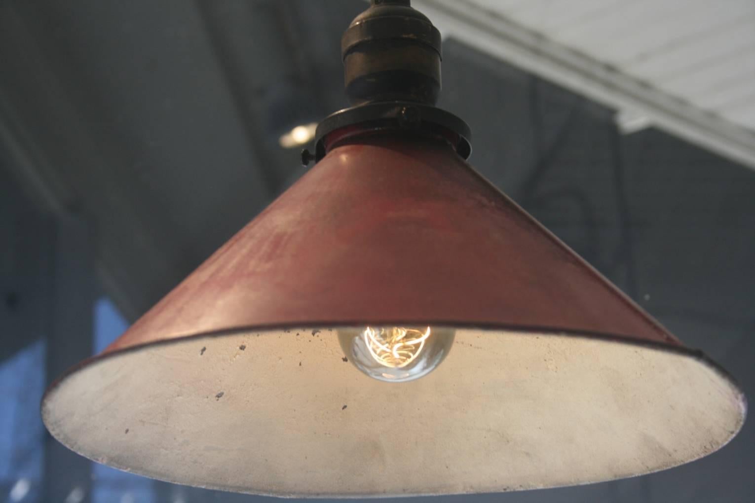 Set of Red Blue Yellow Industrial Pendant Shades In Excellent Condition For Sale In North Beninngton, VT