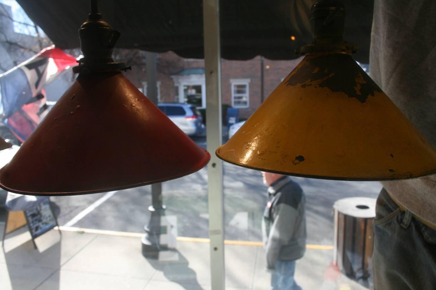 Set of Red Blue Yellow Industrial Pendant Shades For Sale 1