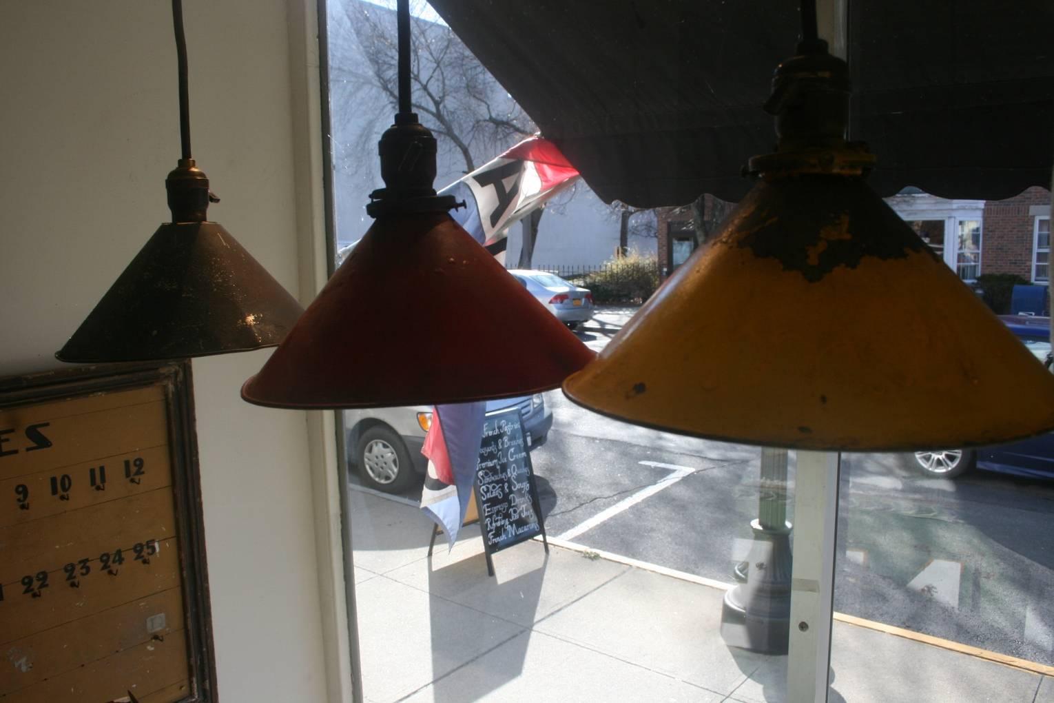 Mid-20th Century Set of Red Blue Yellow Industrial Pendant Shades For Sale