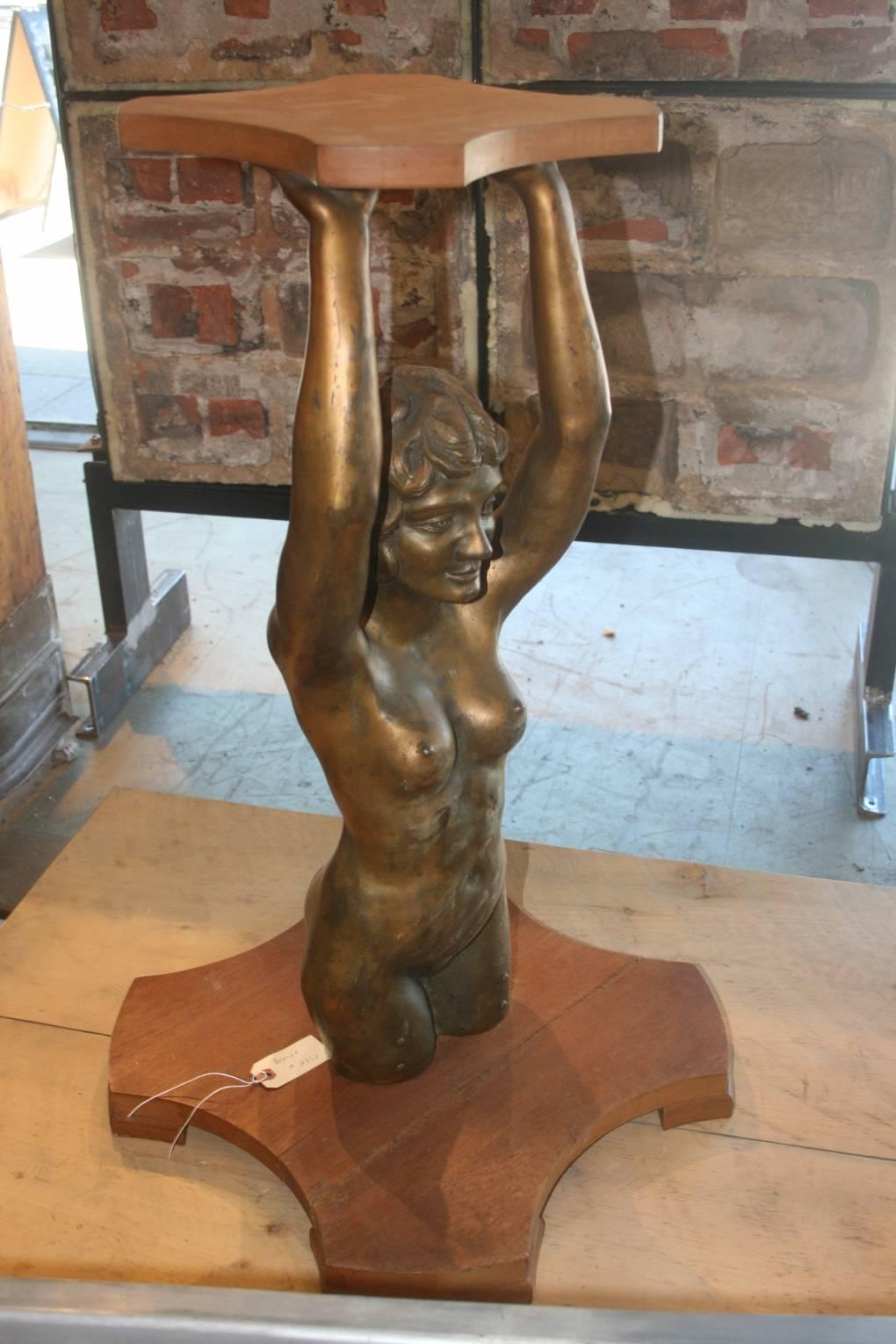 Art Deco bronze nude sculpture/ tabouret. This is a beautiful sculpture. It's been made into a tabouret. I believe it was originally one half of a console table with a matching nude as the other leg of the table base. But it's still a gorgeous piece