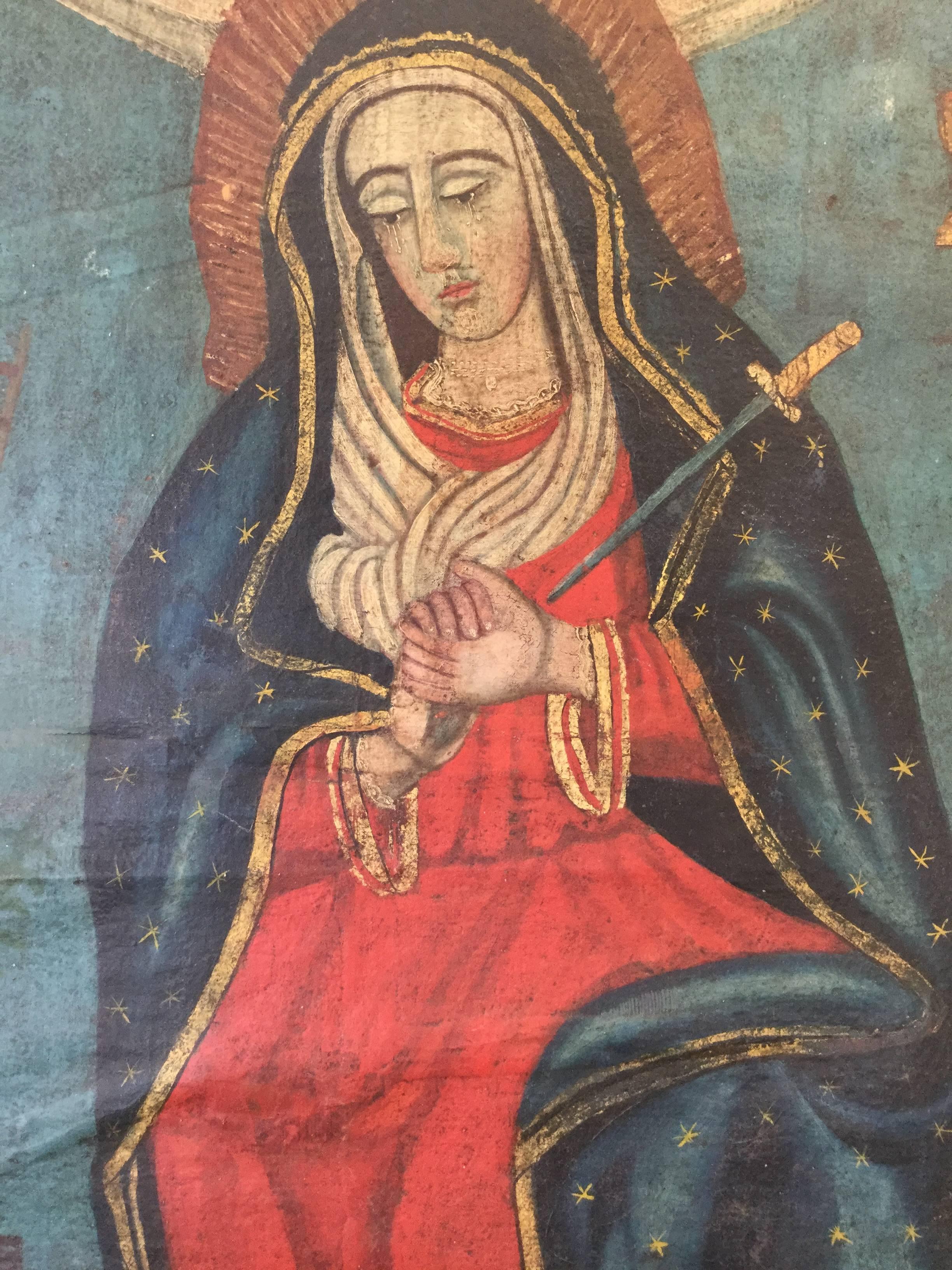 Beautiful fine Folk Art painting of the Madonna from Mexico, circa 1880. The colors, specifically the red and green contrast is an unusual and striking combination. Her face is and figure have the great quality that you see in the best Folk Art of