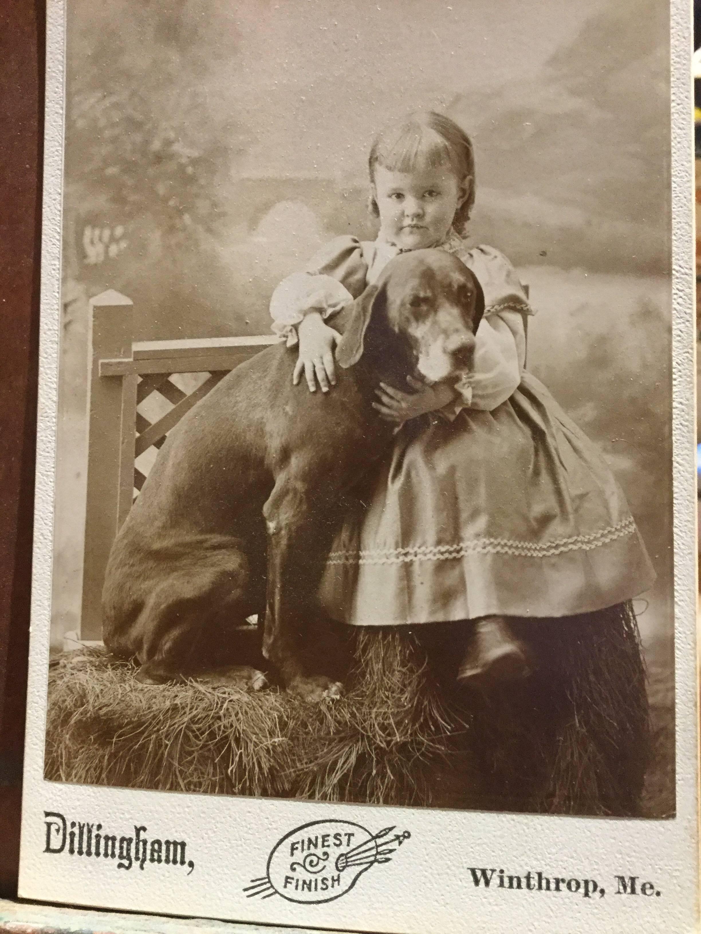 Large CDV or carte de visite of child with her dog by a Maine photographer. Great image!