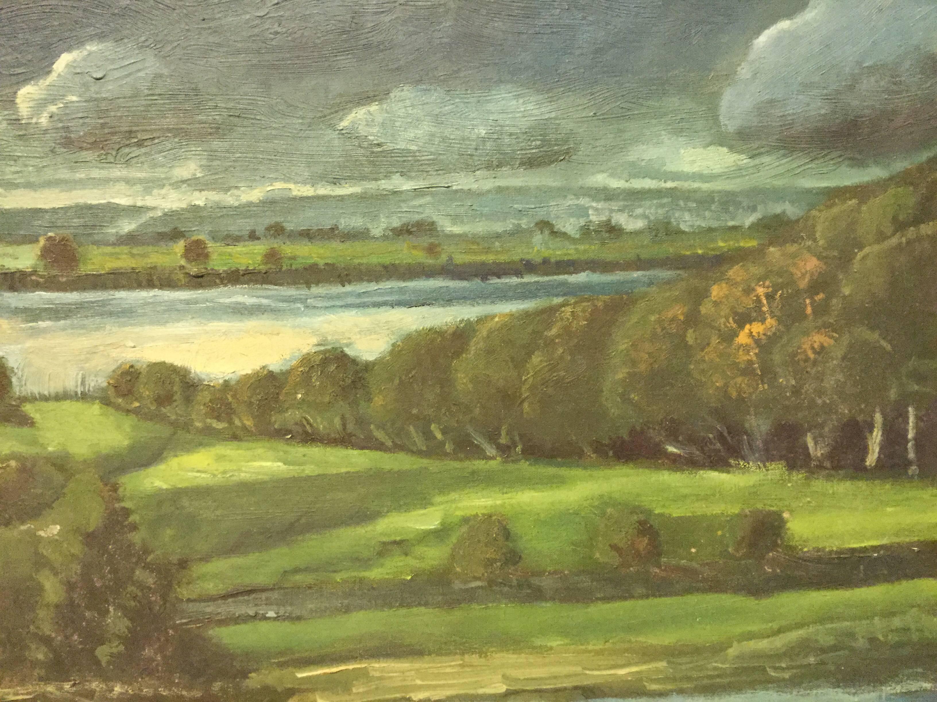 Landscape/ seascape oil painting Warren Point, Little Compton, Rhode Island. Formalist and moody scene.