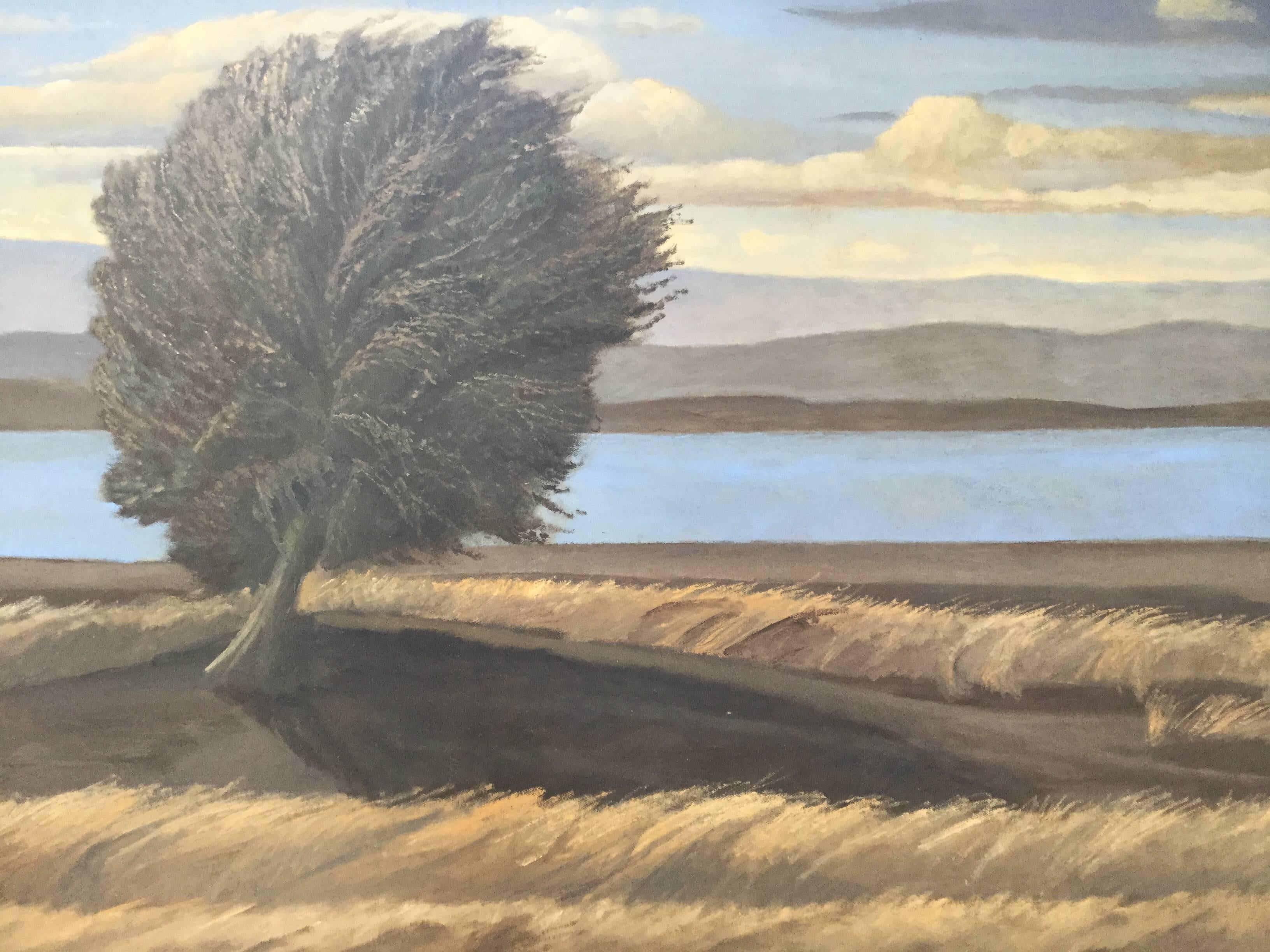 Desert landscape painting with tree blowing in the hot wind and reservoir in the background. Water in the desert gives a coolness with the gray green of the desert tree. A great sense of stillness amid high winds. Beautiful idea and execution.