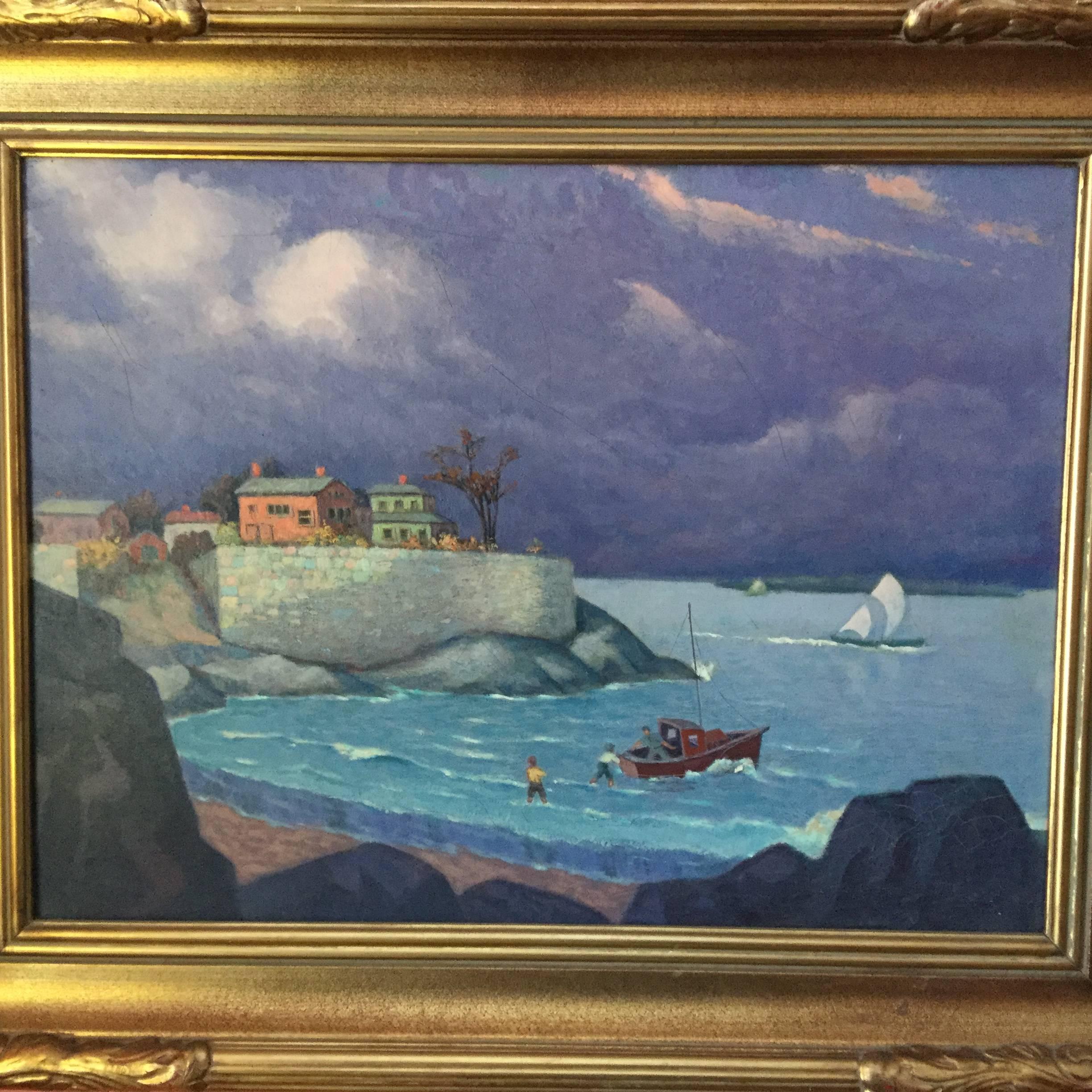 Formalist seascape Maine coast, circa 1930. Oil on board framed in newer arts and crafts gold frame (needs to be reframed) . It's a masterwork unsigned. I had several works by this unknown artist in my private collection. Proof great art goes