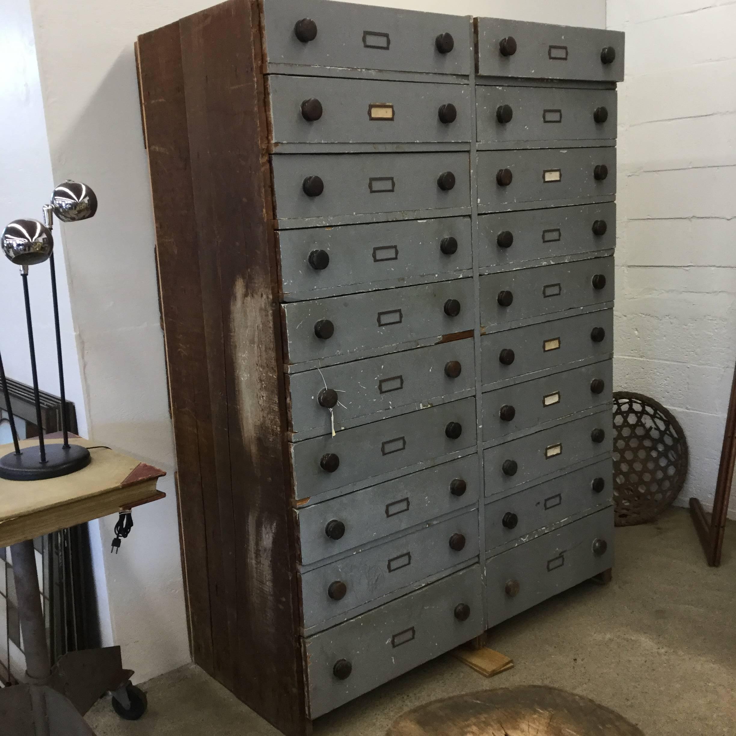Giant Industrial 19th century. Multiple drawer cabinet has all original paint. Came of an old brick factory building in New Hampshire. Great looking piece for a studio, loft or living room.