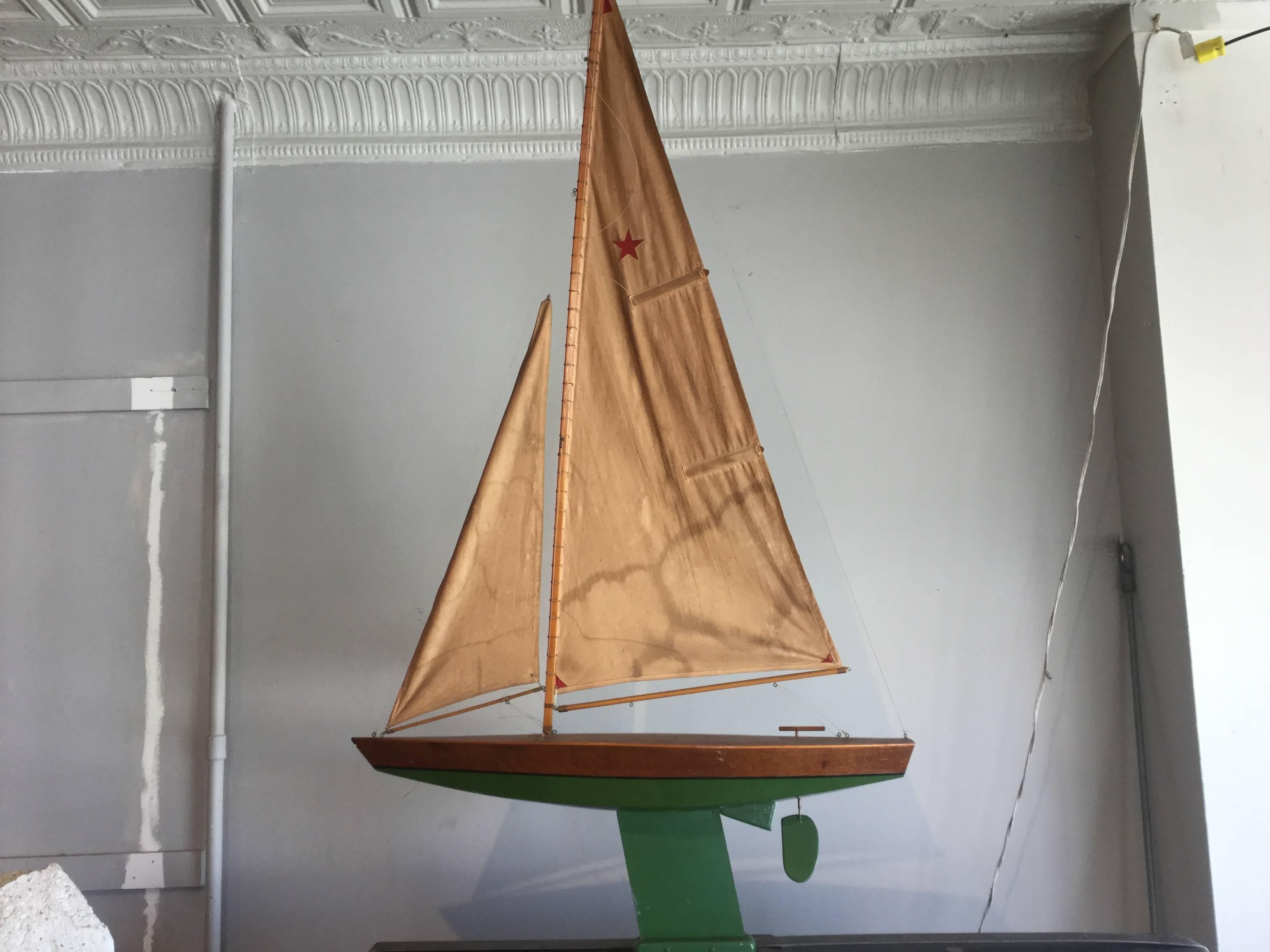 Mid-20th Century Green Pond Boat with Star Sail For Sale