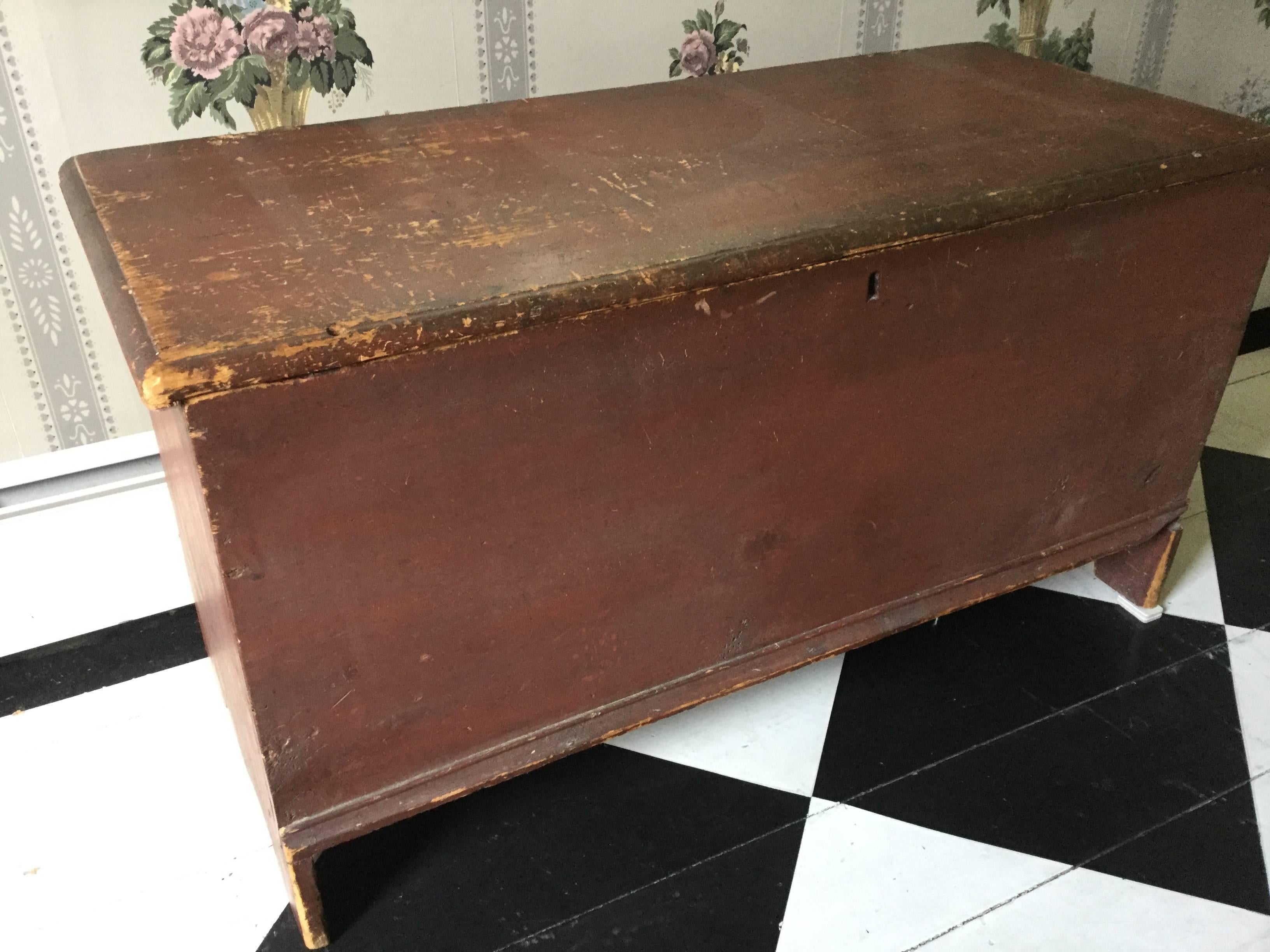 Early American six board blanked chest Hudson Valley, circa 1830.  Original red paint, with nice traditional detail on feet.  
