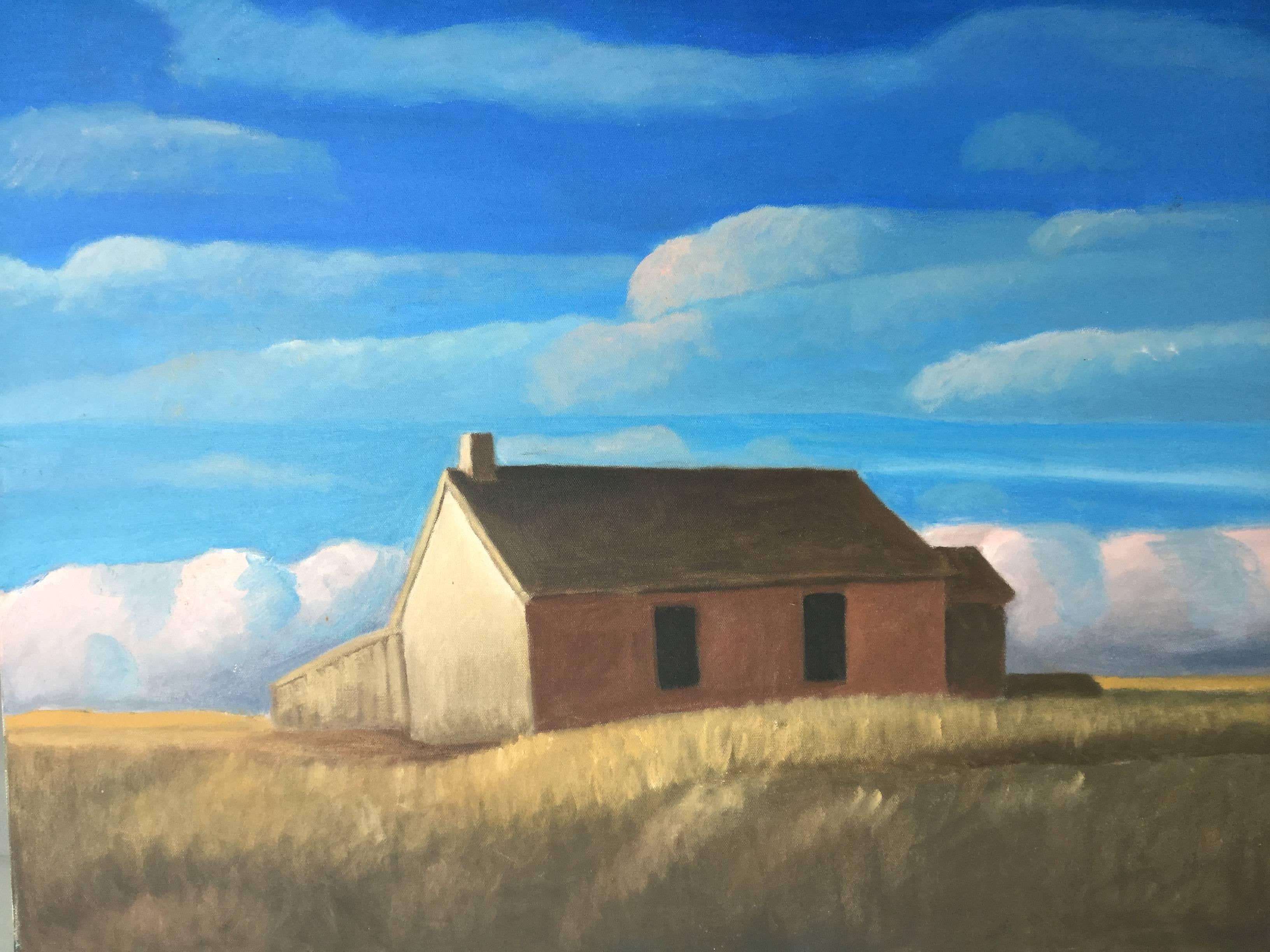 Great Plains landscape painting, oil on canvas with barn. Beautiful colors.