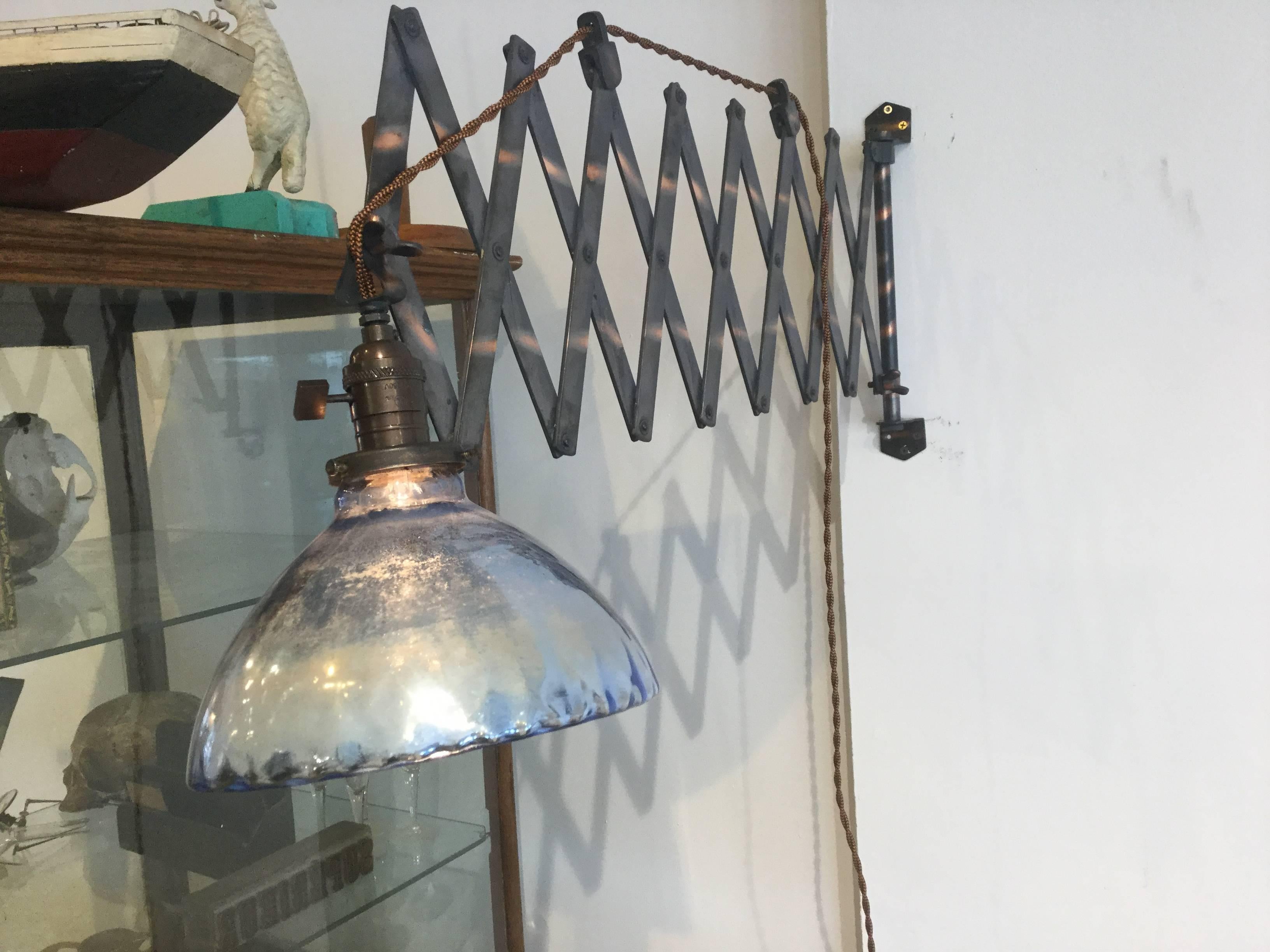Blue Mercury Glass Shade Japanned Scissor Industrial Lamp In Excellent Condition For Sale In North Beninngton, VT