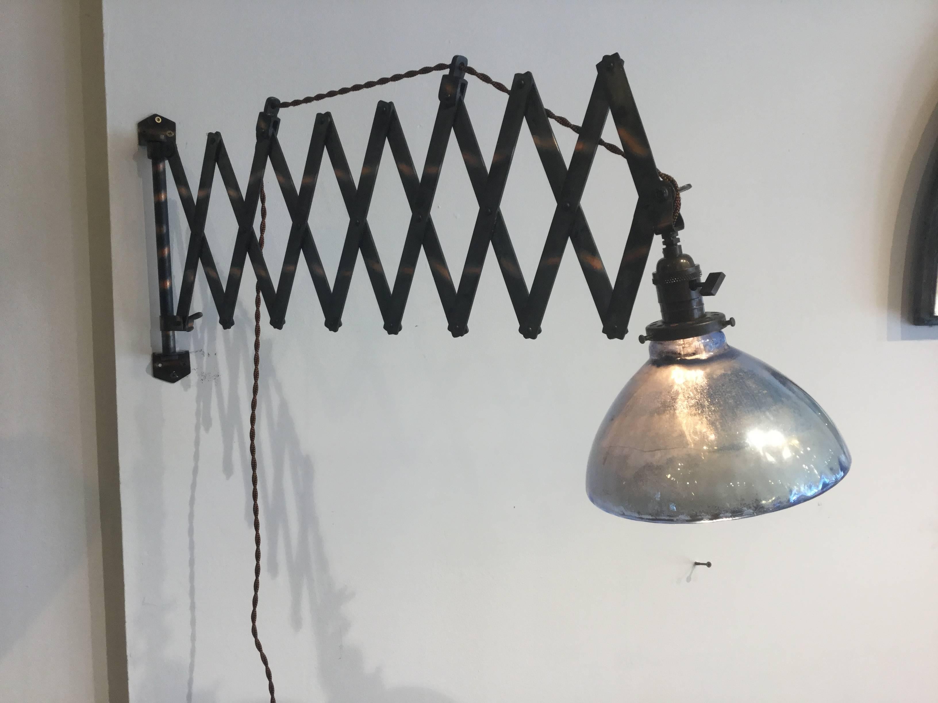 Early 20th Century Blue Mercury Glass Shade Japanned Scissor Industrial Lamp For Sale