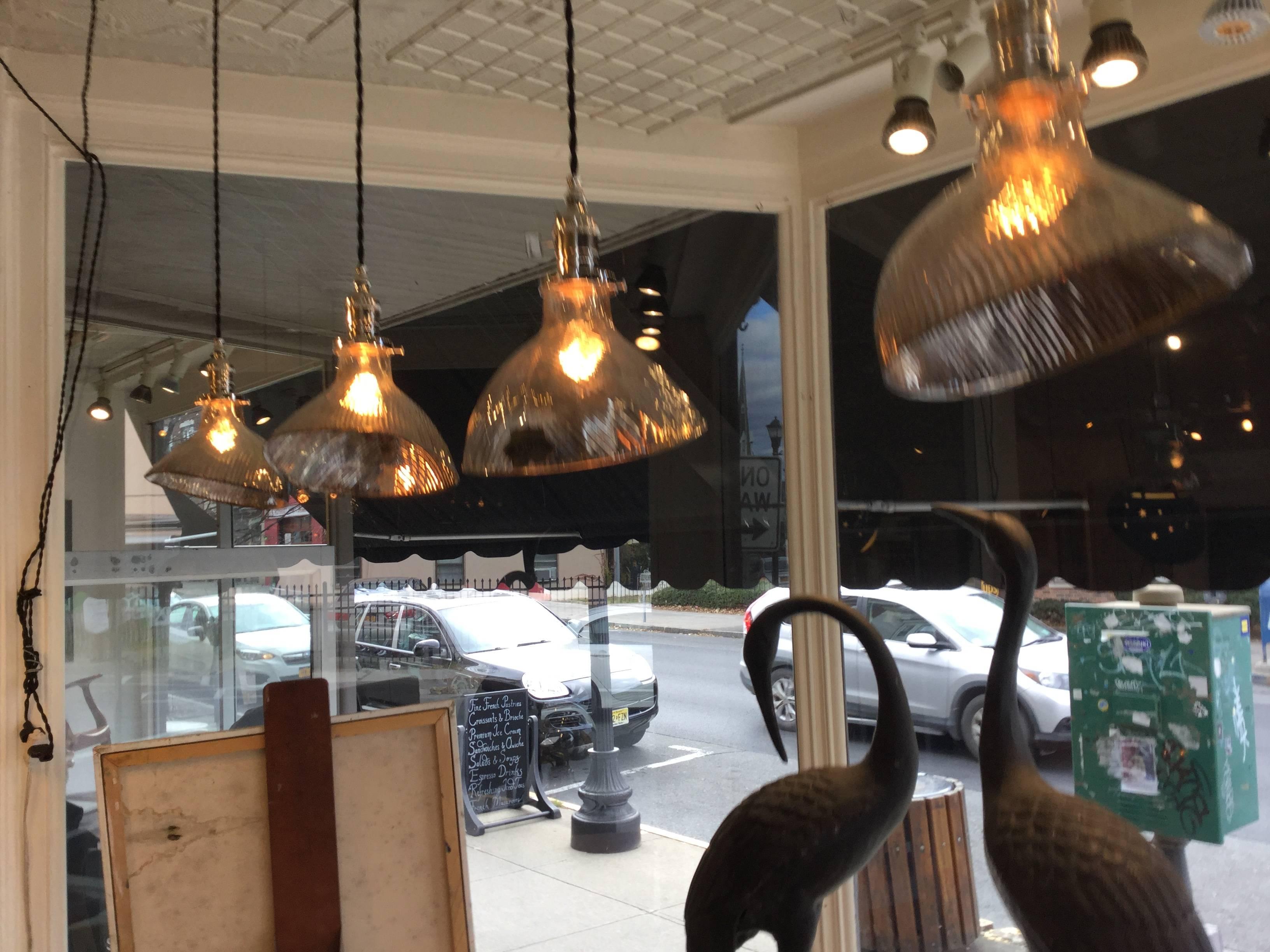 Four Mercury Glass Industrial Pendant Shade Lights In Excellent Condition For Sale In North Beninngton, VT