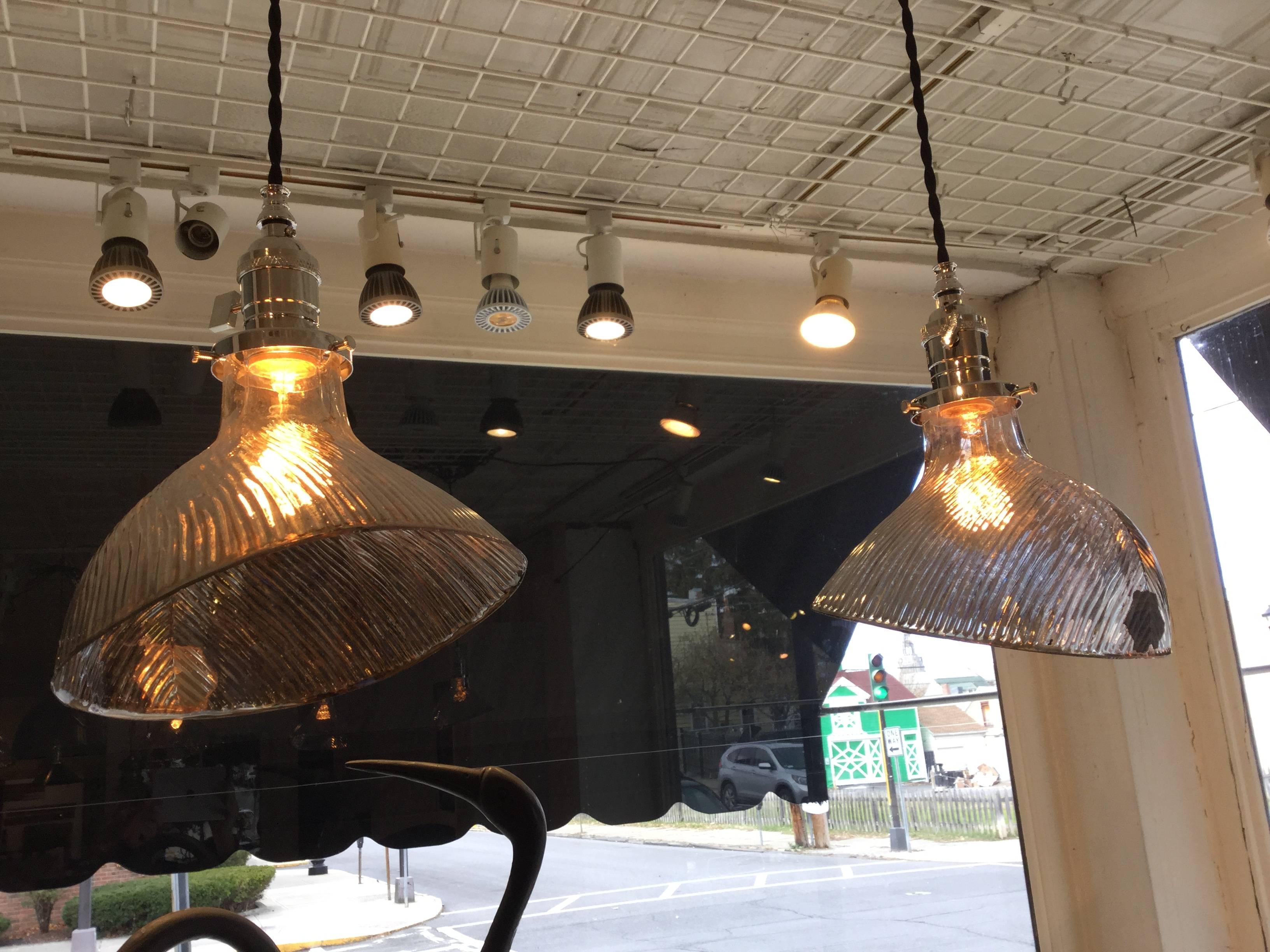 Early 20th Century Four Mercury Glass Industrial Pendant Shade Lights For Sale