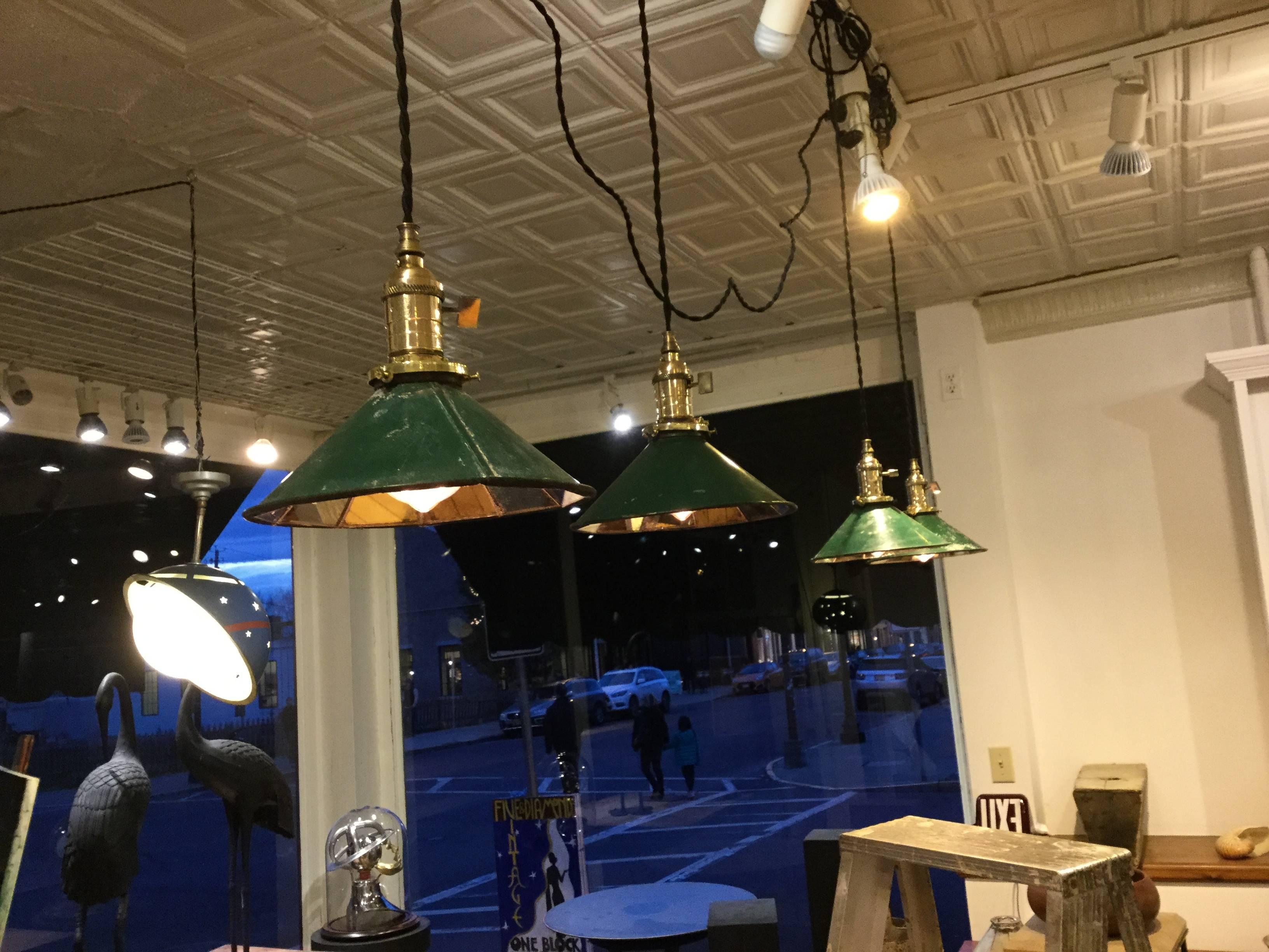 American Four Small Industrial Mirrored Shade Pendants For Sale