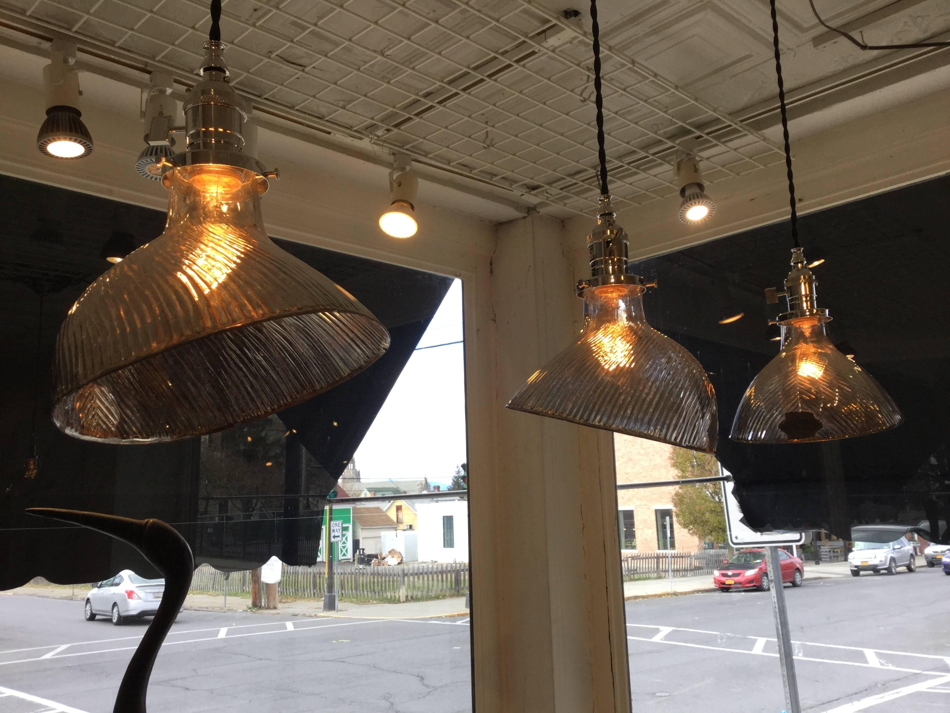 Early 20th Century Four Small Industrial Mirrored Shade Pendants For Sale
